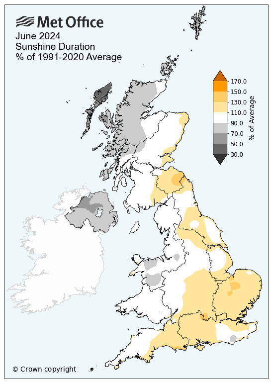 AgriAnalytics's tweet photo. UK #Met_Office weather anomaly maps for June show normal temperatures for the main cereal growing areas, a significant rainfall deficit and slightly above sunshine duration. https://t.co/BTOYbAkCXm