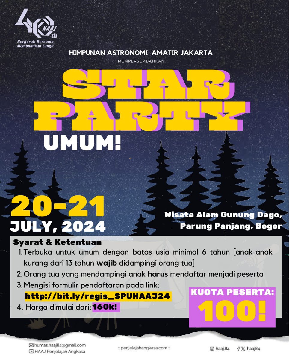 [WAAAH ADA STAR PARTY NIIH!!]

🌌 ✨Halo Sobat Astro 👋🏻 ✨🌌

Siapa nih yang sudah menantikan Star Party Umum bersama HAAJ? 
Kita akan kembali melakukan pengamatan langit malam di alam bebas dengan beragam kegiatan seru!! Apaa tuuh?

(Cont.)