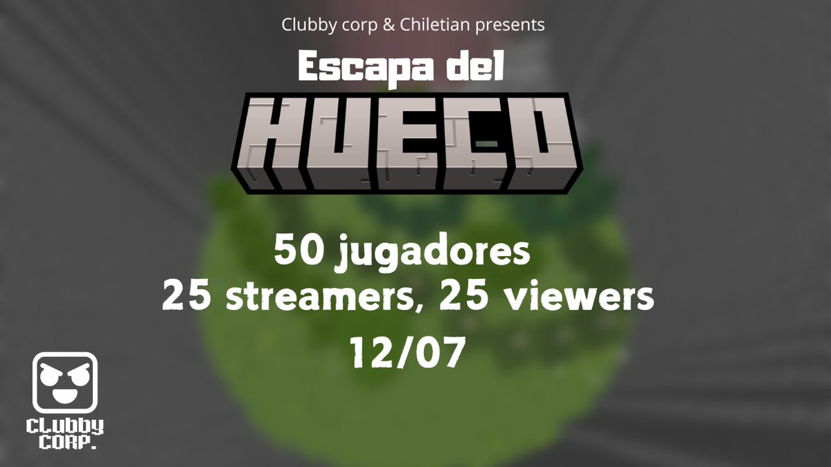 Clubby Corp presenta: 

Escapa del HUECO 🔥⚫️ft. <a href="/Chiletian_CL/">Chiletian</a> 
- Intenta subir y escapar del HUECO antes de que la lava suba 
- 25 streamers/25 viewers 👤
- Comenta "yo" para participar
- Se agradece 🩷 y RT