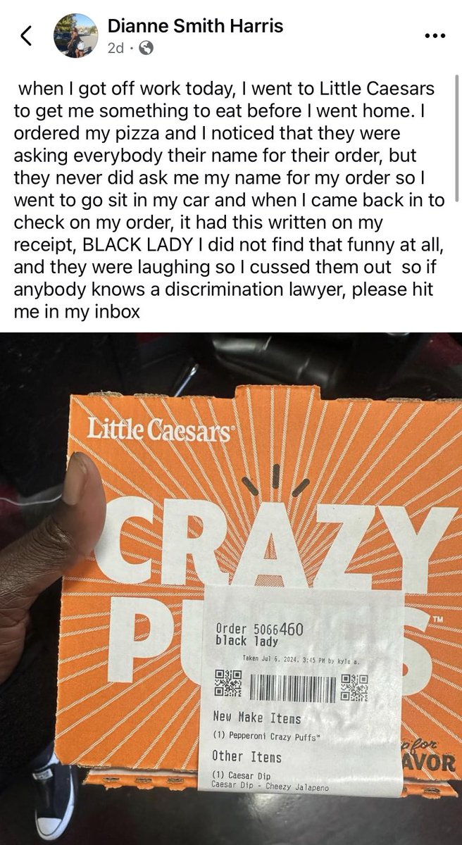 HowTheWestWS's tweet photo. For some odd reason a Hispanic American worker in Riverside, CA thought it was funny to not ask a Black woman their name and instead input “Black lady” on the receipt. The targeted harassment against Black Americans must end! #LittleCesars https://t.co/sARD0as7J5