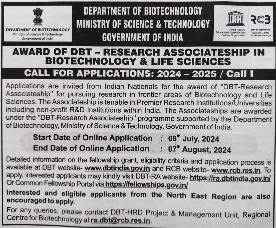 skvdst's tweet photo. Applications invited for Research Associateship by @DBTIndia in Biotechnology. Apply by 7th August 2024 https://t.co/i81dNkznZG