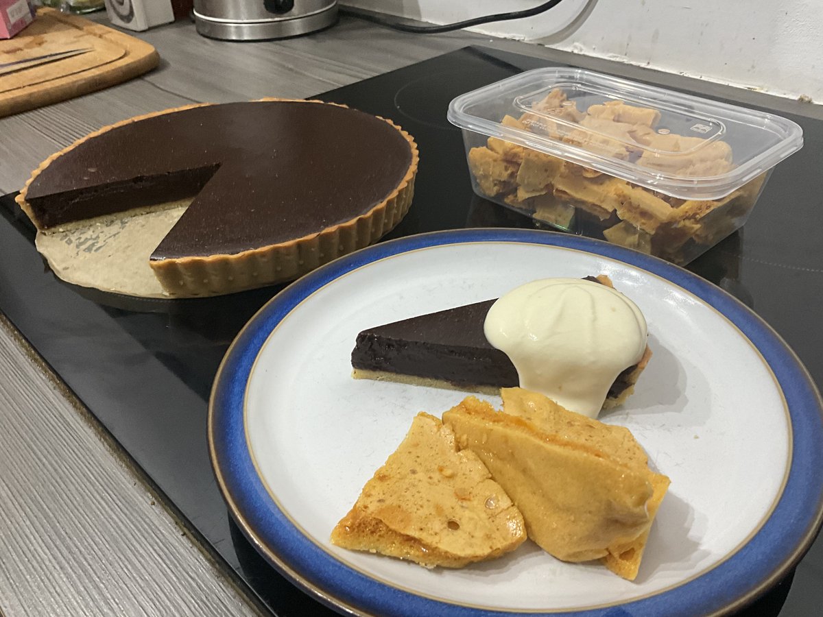 ianjamescape's tweet photo. Chocolate Tart with honeycomb - doing a chef skills course with Leiths. week 4 - French pastries. Pate sablee. Pate sucree. Chocolate ganache. Honeycomb. Skilling up.  #leiths #leithsonline #leithscookeryschool #chefskills https://t.co/dj5dEY1PgC