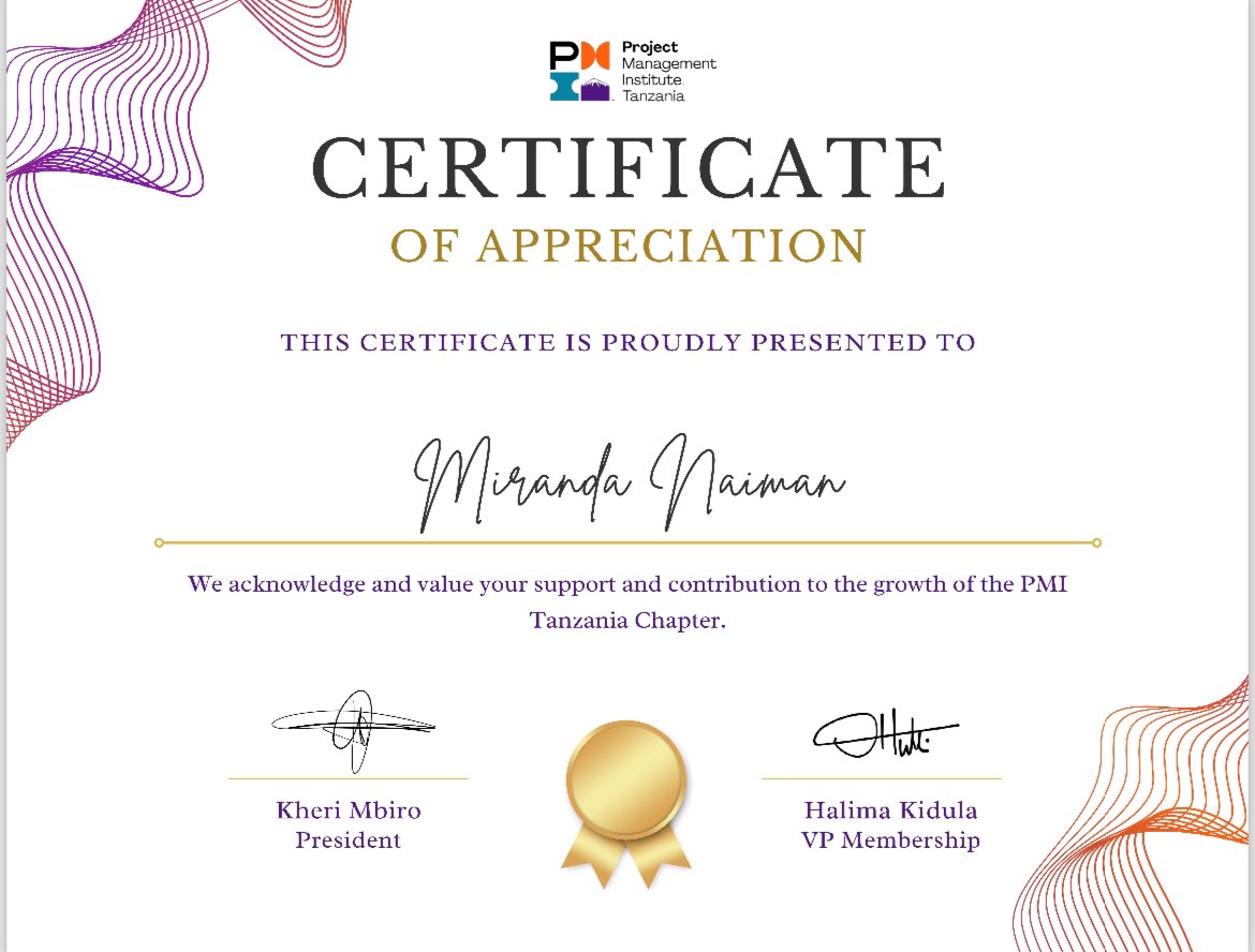 MirandaNaiman's tweet photo. Gratitude turns what we have into enough and more💡

Thank you @PMInstitute Tanzania Chapter for the certificate of appreciation for my contributions and honorary membership to the chapter - I’m humbled 🧡

#GrowthMindset + #Gratitude https://t.co/2ZsnqVU31n
