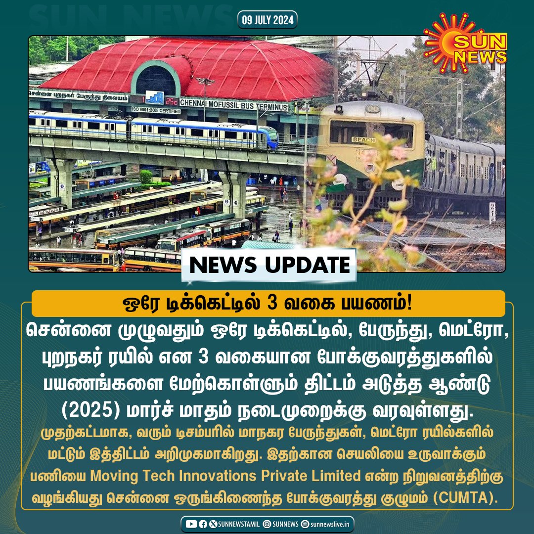 sunnewstamil's tweet photo. #NewsUpdate | சென்னை முழுவதும் ஒரே டிக்கெட்டில் 3 வகையான போக்குவரத்துகளில் பயணங்களை மேற்கொள்ளும் திட்டம் அடுத்த ஆண்டு நடைமுறைக்கு வருகிறது!

#SunNews | #CUMTA | #Chennai https://t.co/tiNZyQu4Qr