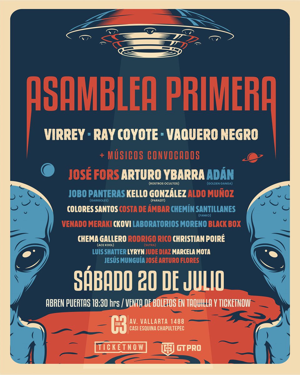 SinDocumentosMX's tweet photo. 🛸 ASAMBLEA 👽 PRIMERA 🛸
@MusicVirrey ⚡ @vaquero_negro ⚡ @RayCoyoteBand desafían las percepciones y creencias establecidas del oyente.
Presentado por #GTPro
🗓️ 20 julio
📍 @C3Mexico
🎟️ TicketNow México
https://t.co/ArI1ZQvZ55 https://t.co/Lo9j9JfNdN