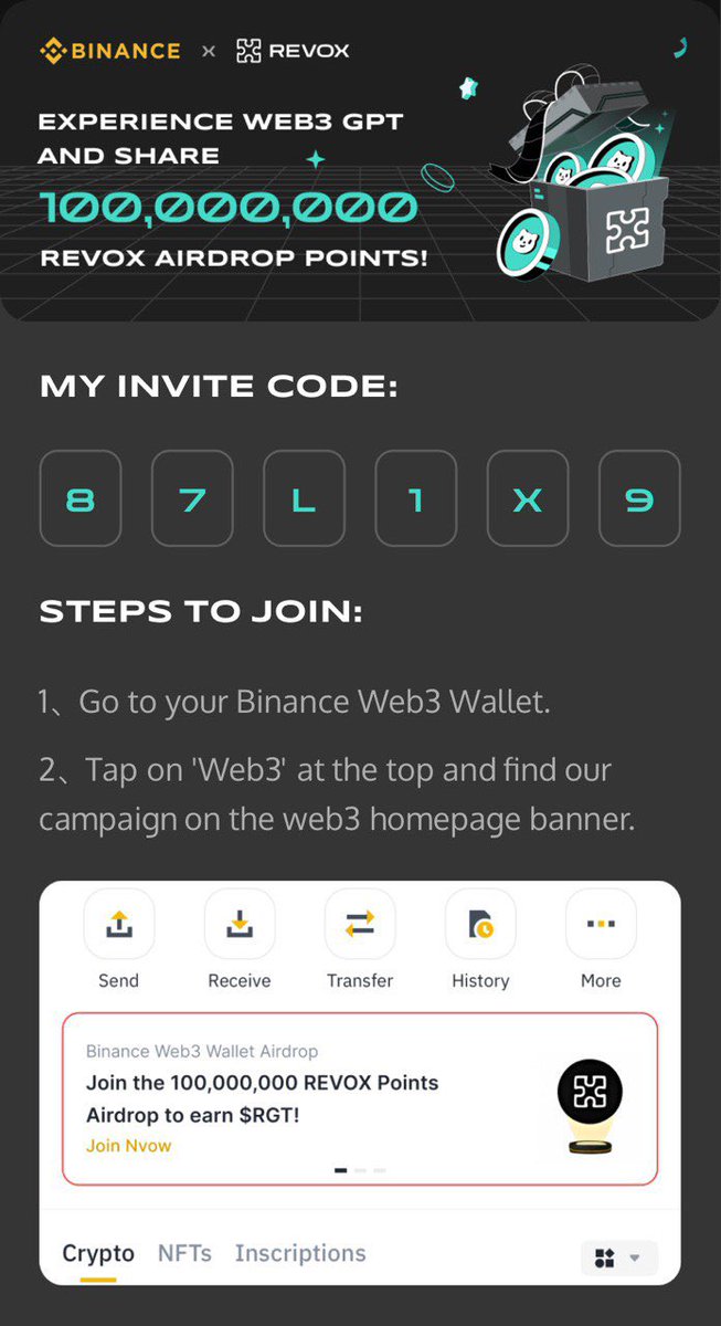 jongulus's tweet image. Join our exciting REVOX airdrop campaign with Binance Web3 Wallet! Use my invite code 87L1X9to earn REVOX $RGT AIRDROP! Find REVOX campaign on Binance Web3 Wallet. #REVOX #binanceweb3 @ReadOnMe3
