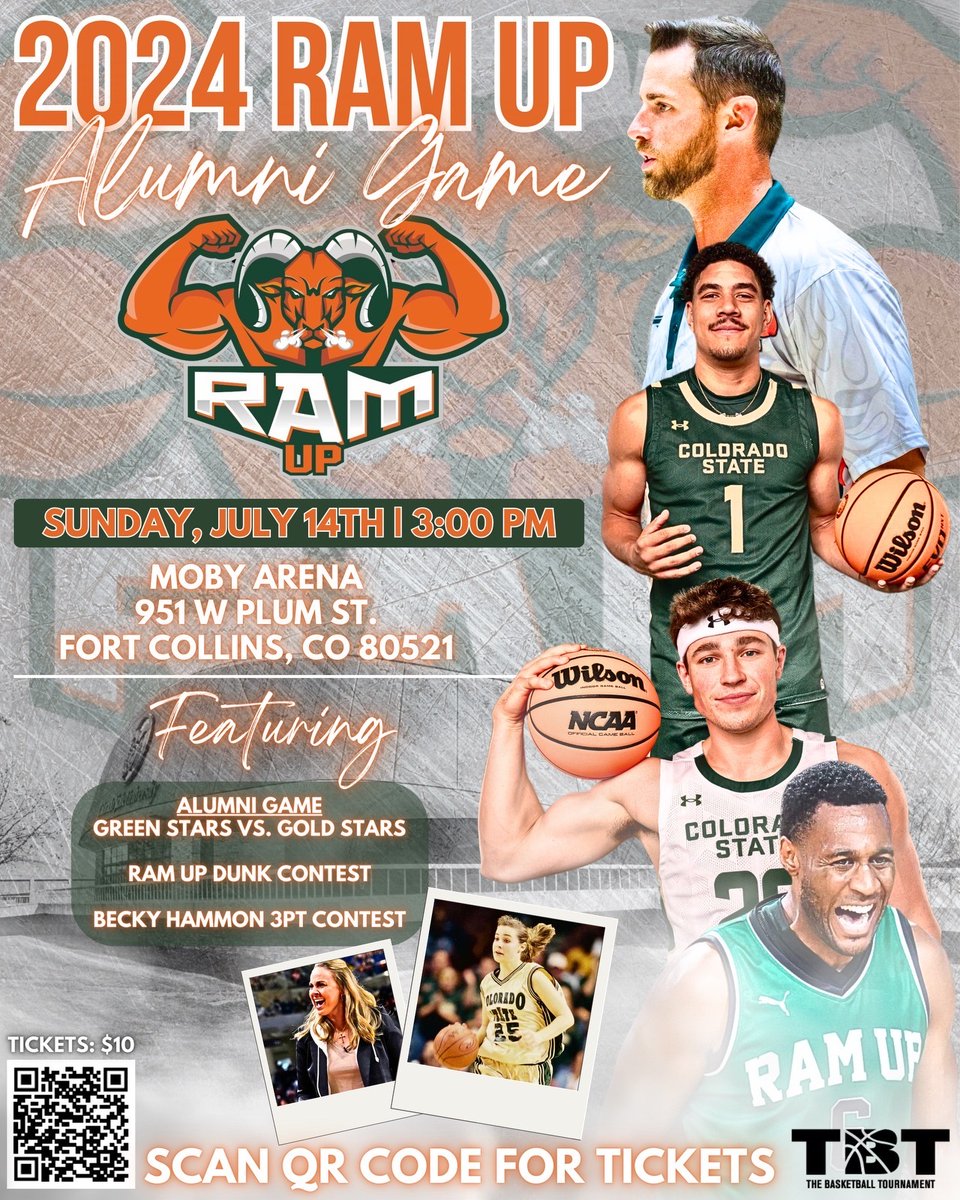 𝟮𝟬𝟮𝟰 𝗥𝗮𝗺𝗨𝗽 𝗔𝗹𝘂𝗺𝗻𝗶 𝗚𝗮𝗺𝗲! 

Some familiar <a href="/CSUMBasketball/">Colorado State Men’s Basketball</a> faces are headed back to Moby this Sunday July 14th! 🏀

Don't miss out on the action! ⤵️

🎟️ csura.ms/RamUpTBT

#Stalwart x <a href="/RamUpTBT/">Ram Up (CSU Alumni)</a>