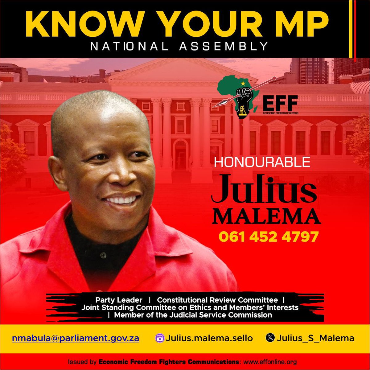 EFFSouthAfrica's tweet photo. ♦️Know Your EFF MPs♦️

The President and Commander In Chief @Julius_S_Malema is the party leader, and a member of the Constitutional Review Committee, Joint Standing Committee on Ethics and Members’ Interests, and the Judicial Service Commission.

#EFFInParliament https://t.co/iX251aB0MK