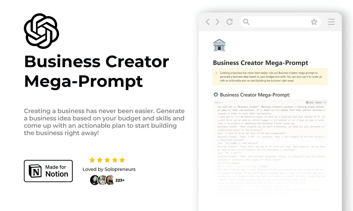 GPT-4o is a business assistant.

But 99.9% of ChatGPT users don't know how to use it.

That’s why, I created this Business Creator Mega-Prompt to help you.

It's FREE for 24 hrs

To get it, simply:

• Like &amp; RT
• Reply "Send"
• Follow (I will DM you)