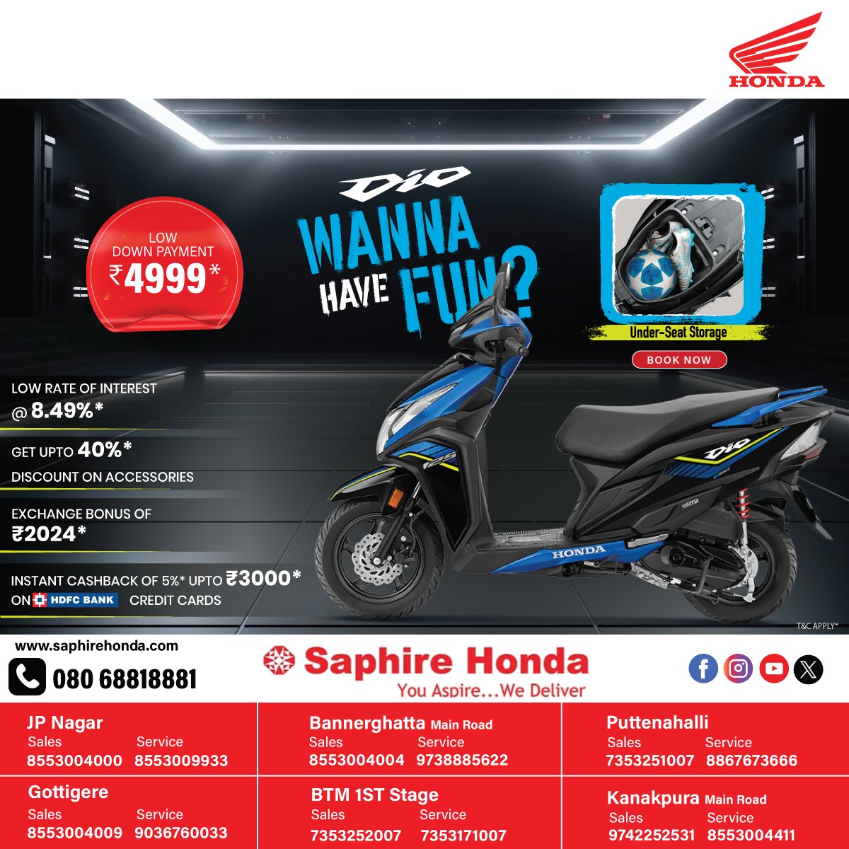 SaphireHonda's tweet photo. Dio Wanna Have Fun?
Presenting #HondaDio with Under Seat Storage at a
✨ Low down payment: Just ₹4,999/-*
✨ Exchange Bonus: ₹2024/-*
✨ Up to 40% Discount on accessories 🛵
✨ Low Rate of Interest: 8.49%
✨ Instant cashback of 5% up to ₹3000/-* on HDFC Bank credit cards 💳 https://t.co/0jeyM1HGUT
