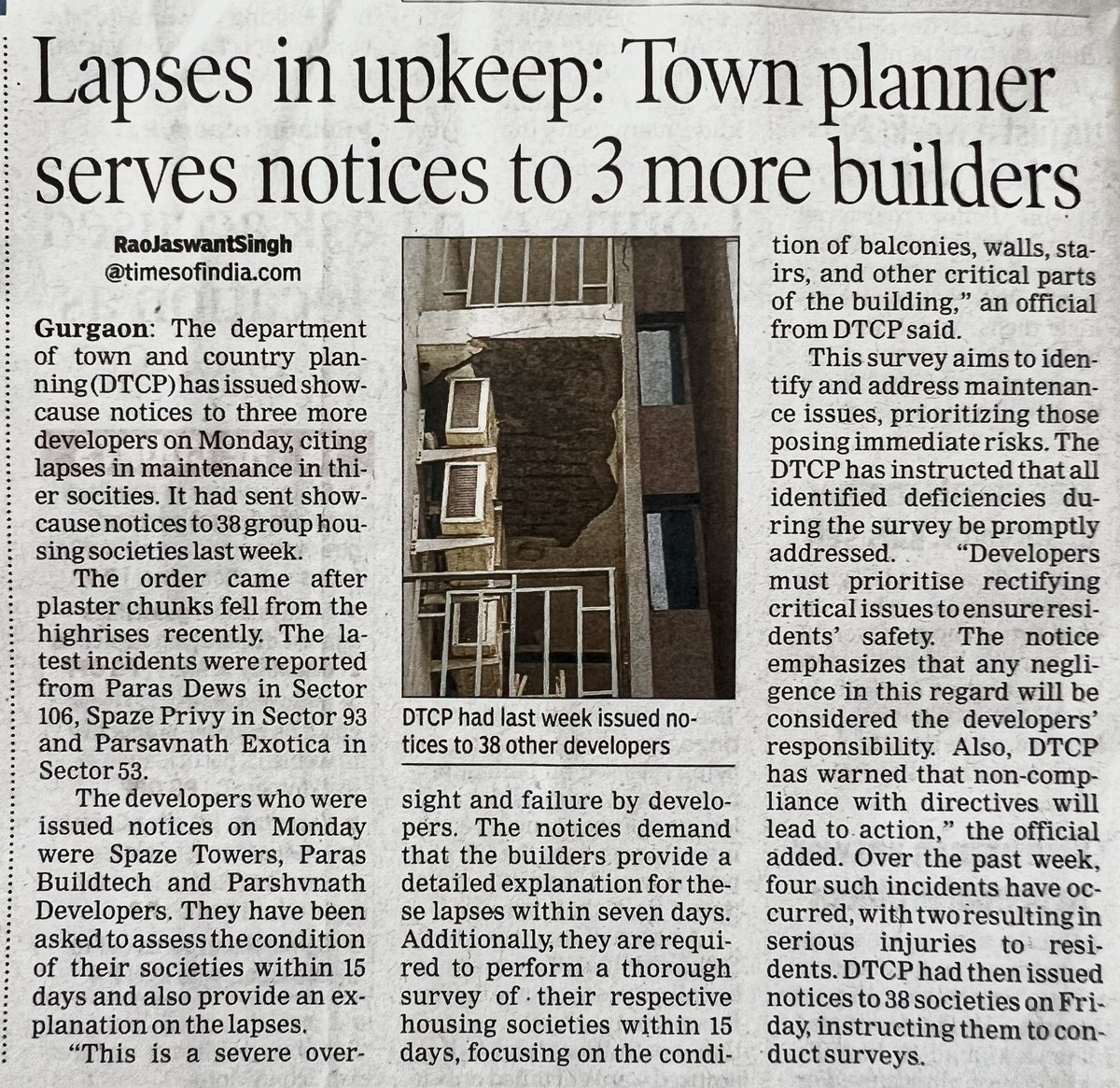 RaoJSinghTOI's tweet photo. Three developers: #Spaze Towers, #Paras Buildtech, and #Parshvnath #Developers served notices by #DTCP after plaster falling incidents #risk #concrete #Maintenance @cmohry @DC_Gurugram @gurgaonpolice #rera https://t.co/RUXPAyiECu
