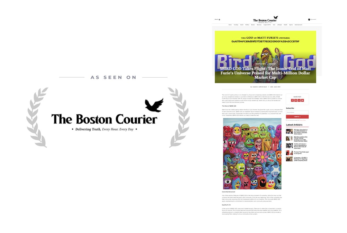 BirdGodonEth's tweet photo. We're in the News for all the Right Reasons ๐Just got Featured on The Boston Courier ๐ฅ๐ฅ๐ฅ A Famous US News Publication & this is just the Beginning!
https://t.co/VTrrw4nZ42
#MattFurie #BirdGod #Eth #PressCoverage https://t.co/bxqWAMjvRQ
