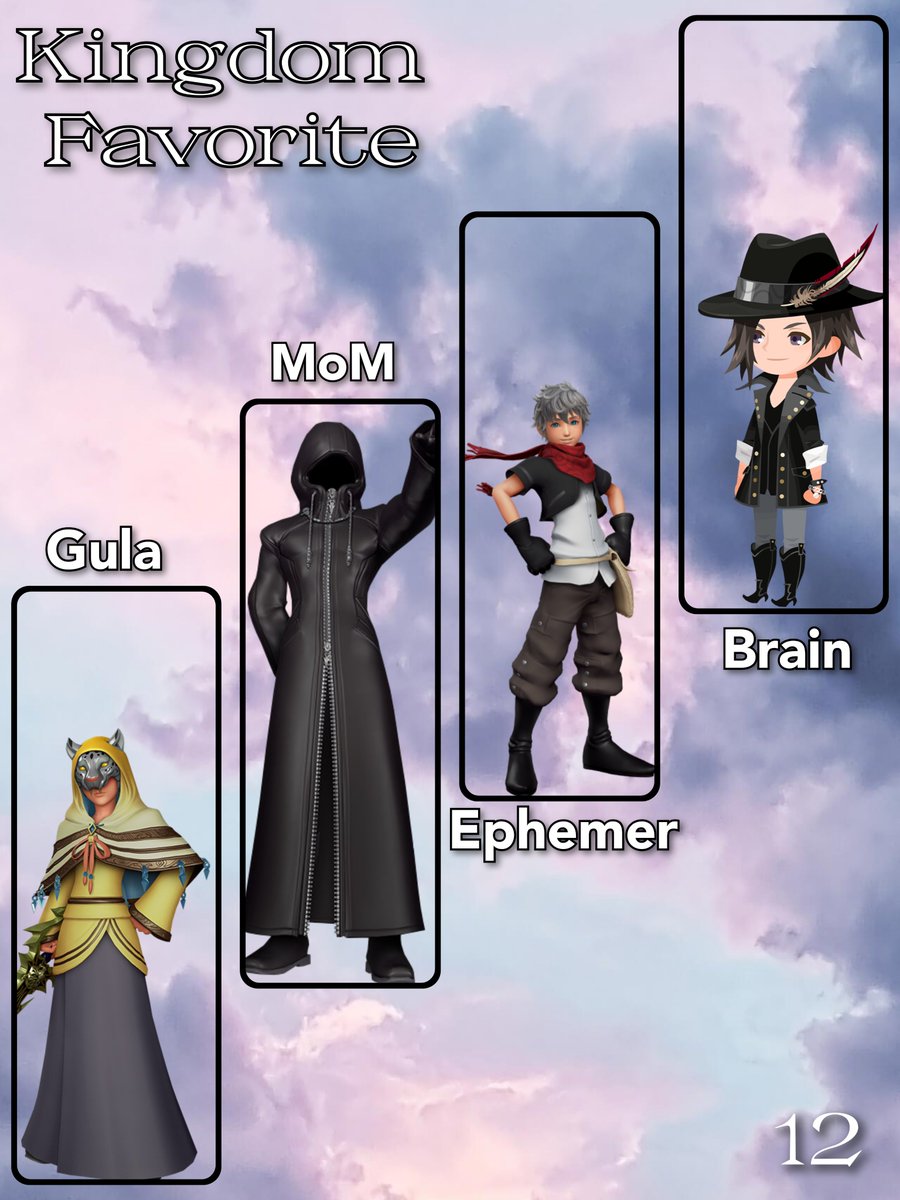 kingdom_fav's tweet photo. Group 12 of the Kingdom Favorite popularity tournament is Gula, Master of Masters, Ephemer and Brain!

#Gula #MoM #Ephemer #Brain #Kingdomhearts https://t.co/wpGSlNmTmE