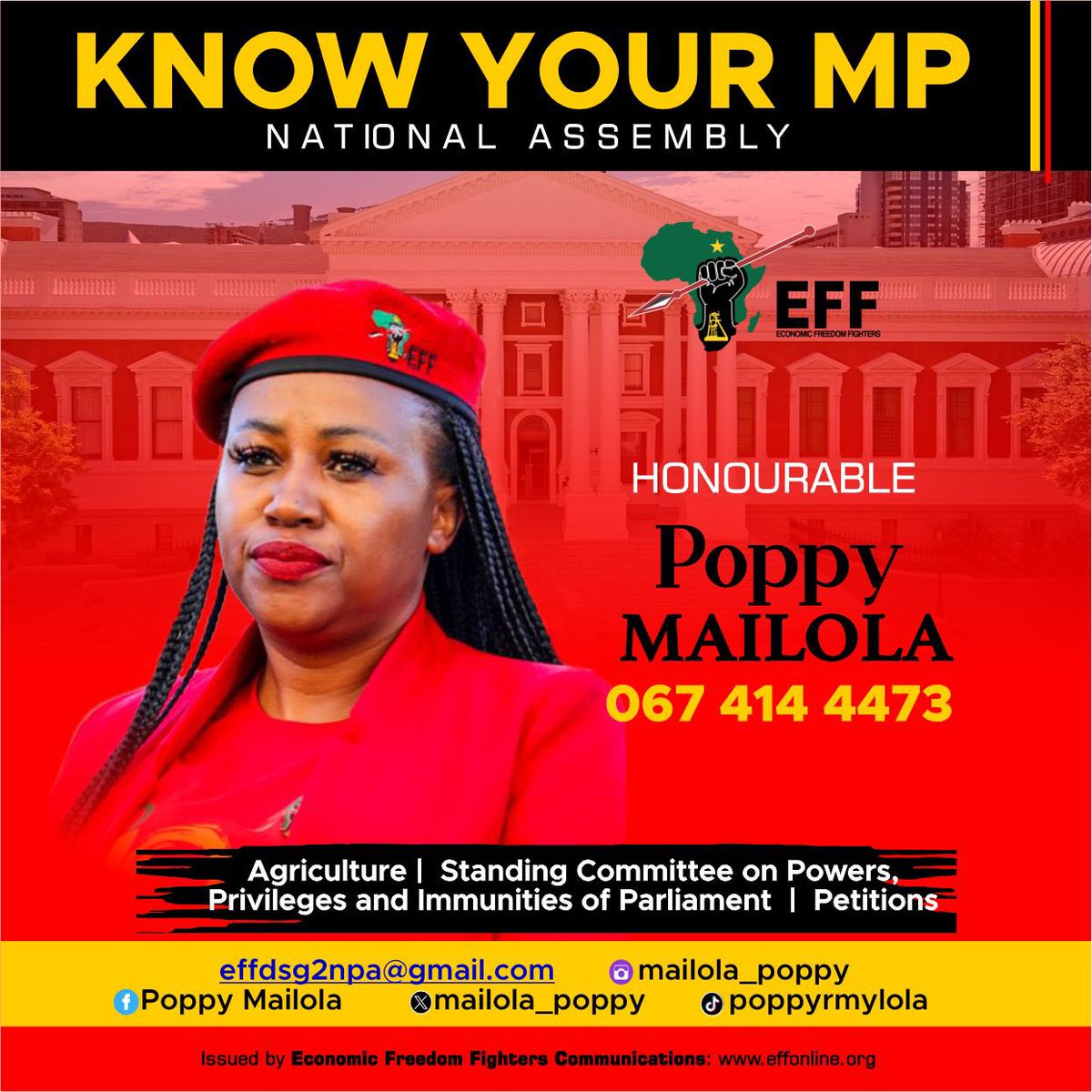 EFFSouthAfrica's tweet photo. ♦️Know Your EFF MPs♦️

The EFF Deputy Secretary General @mailola_poppy is a member of the Portfolio Committee on Agriculture, Standing Committee on Powers, Privileges and Immunities of Parliament and Petitions.

#EFFInParliament https://t.co/tWi9DlSmdh