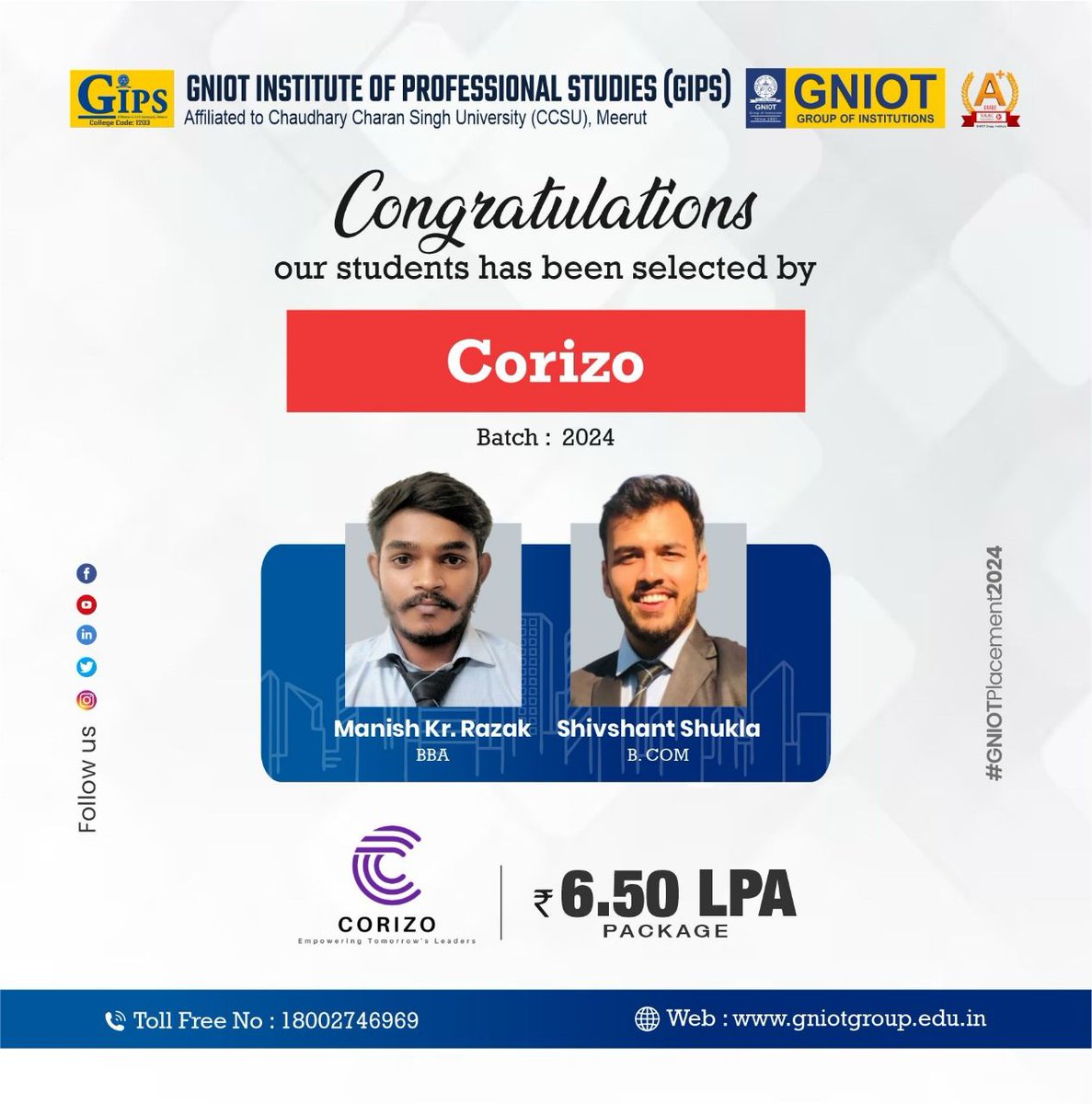GNIOTCollege's tweet photo. Congratulations! ๐
Our student from the BBA and https://t.co/ZBwDoPkh30 Batch of 2024 has been hired by Corizo.
#Congratulations #Hired #SuccessStory #CareerGoals #ProudMoment #BBA #BCom #Corizo https://t.co/LnMwIbovdB