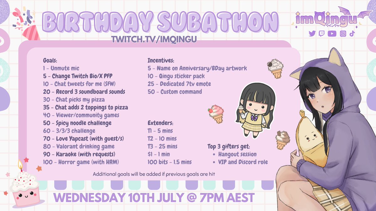 imQingu's tweet photo. Hey 🫵 You're invited to my first subathon to celebrate my birthday and 2 year anniversary!! 😊

Here are the goals, see you all tmr at 7pm AEST!!

Likes and retweets are appreciated :> https://t.co/TwReCOS2yF
