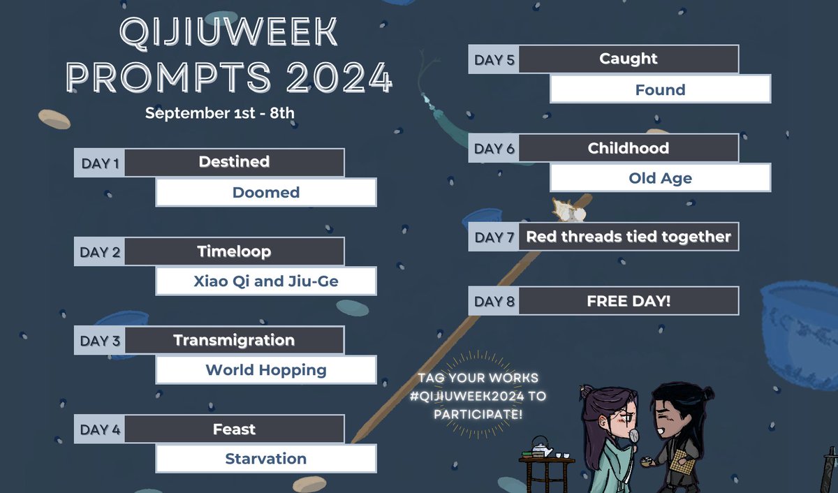 Hello again, #svsss fandom! The prompts for #qijiuweek2024 have arrived 🖤💚

Join us from September 1st to September 8th, and share the #QiJiu love! We can't wait to see what you create~