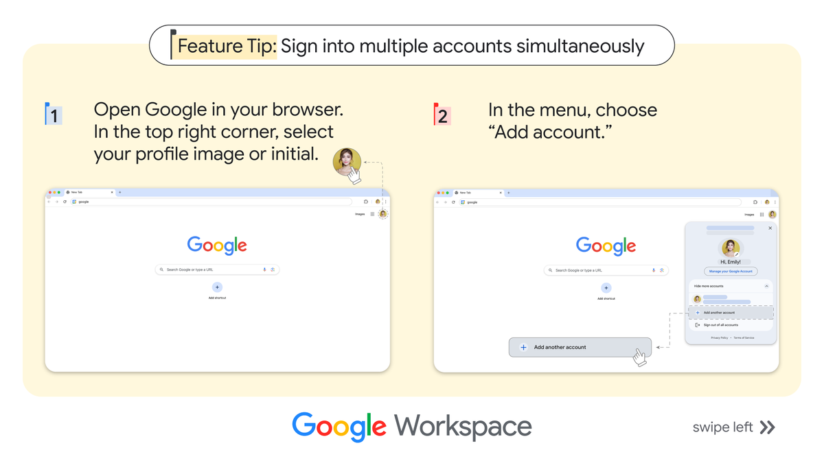 GoogleWorkspace's tweet photo. Have personal and work accounts? Toggle between your #GoogleWorkspace accounts seamlessly whenever you need. → https://t.co/0wQ4Cxj2ey https://t.co/qGy6CmoZ34