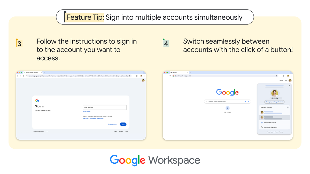 GoogleWorkspace's tweet photo. Have personal and work accounts? Toggle between your #GoogleWorkspace accounts seamlessly whenever you need. → https://t.co/0wQ4Cxj2ey https://t.co/qGy6CmoZ34