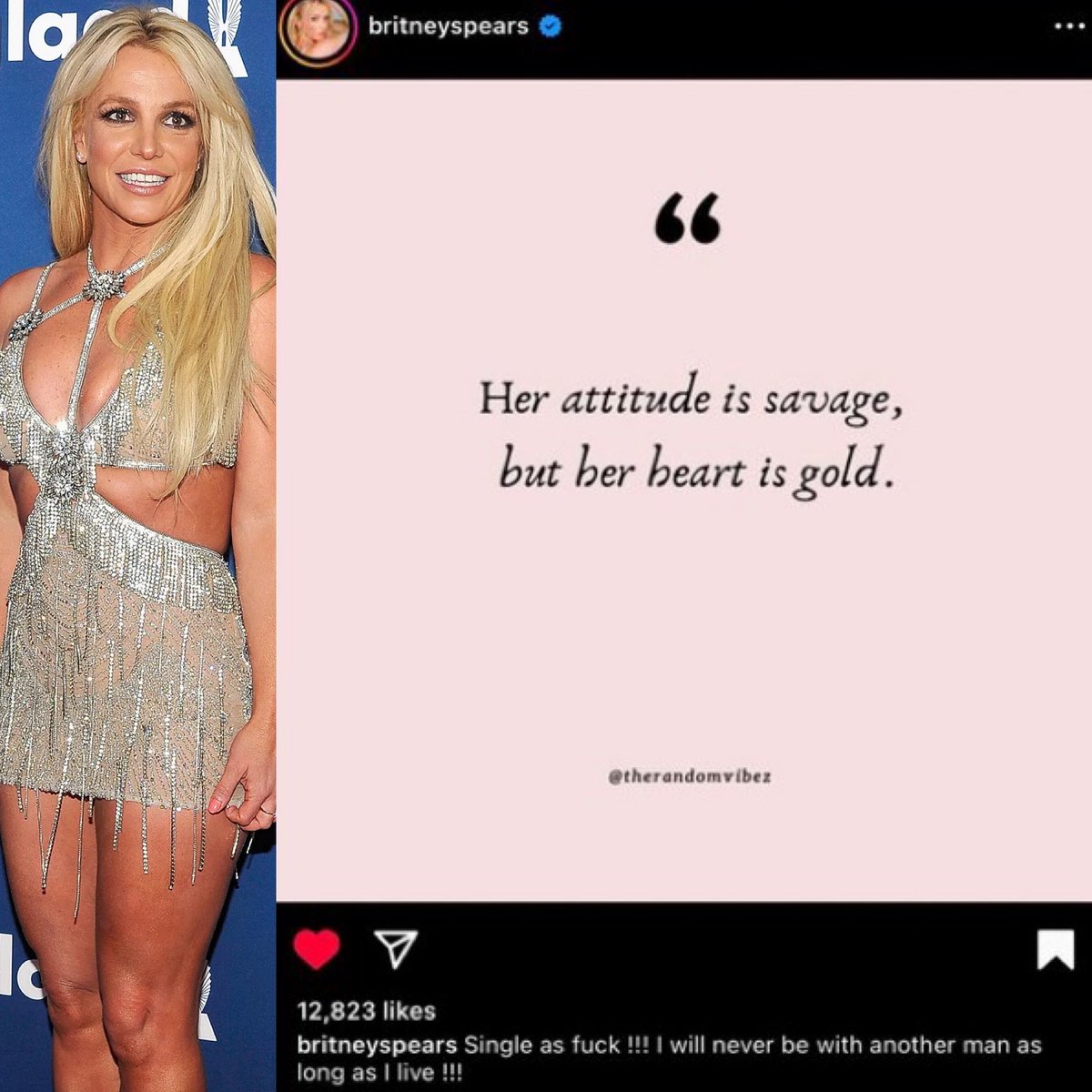 DailyLoud's tweet photo. Britney Spears had this to say in a recent Instagram post:

“Single as f*** !!! I will never be with another man as long as I live !!!” https://t.co/nZeNk5kFja