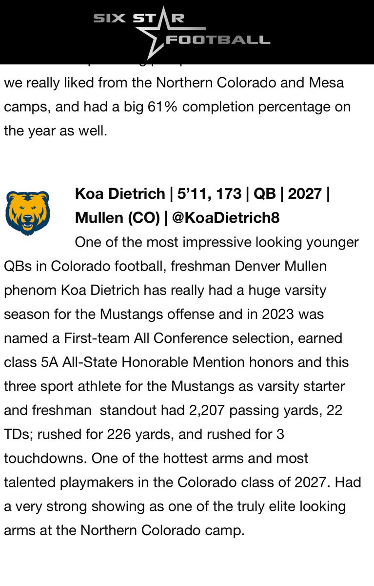 Koa Dietrich (@koadietrich8) on Twitter photo Thank you <a href="/sixstarfootball/">Six Star Football | PLUS+</a> for the write up, always appreciate the acknowledgment! <a href="/_MullenFootball/">Mullen Mustangs Football Alum</a> <a href="/jrbennet/">Jeremy Bennett</a> Thank you <a href="/sixstarfootball/">Six Star Football | PLUS+</a> for the write up, always appreciate the acknowledgment! <a href="/_MullenFootball/">Mullen Mustangs Football Alum</a> <a href="/jrbennet/">Jeremy Bennett</a>