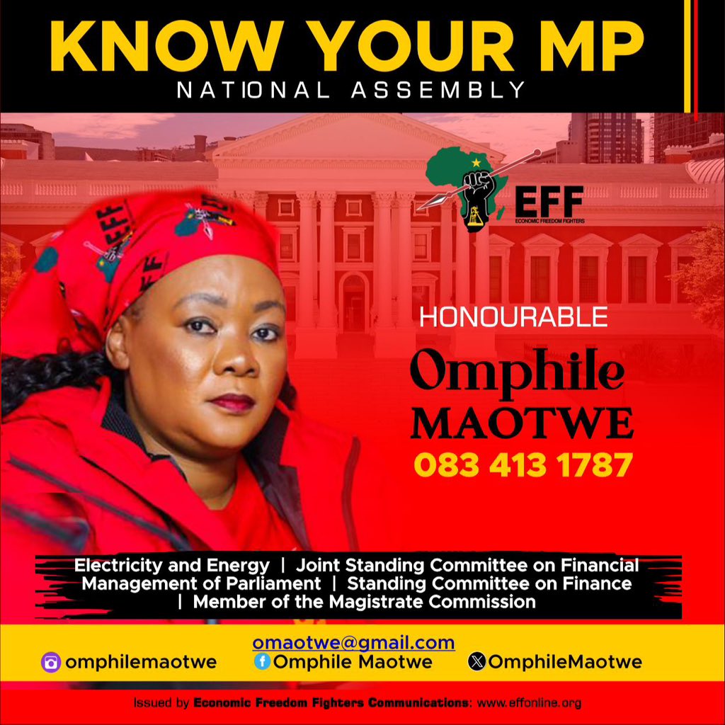 EFFSouthAfrica's tweet photo. ♦️Know Your EFF MPs♦️

The EFF Treasurer General @OmphileMaotwe is a member of the portfolio committee on Electricity and Energy, Joint standing  Committee on Financial Management of Parliament, Standing Committee on Finance and a member of the Magistrate Commission. 

#EFFInParliament