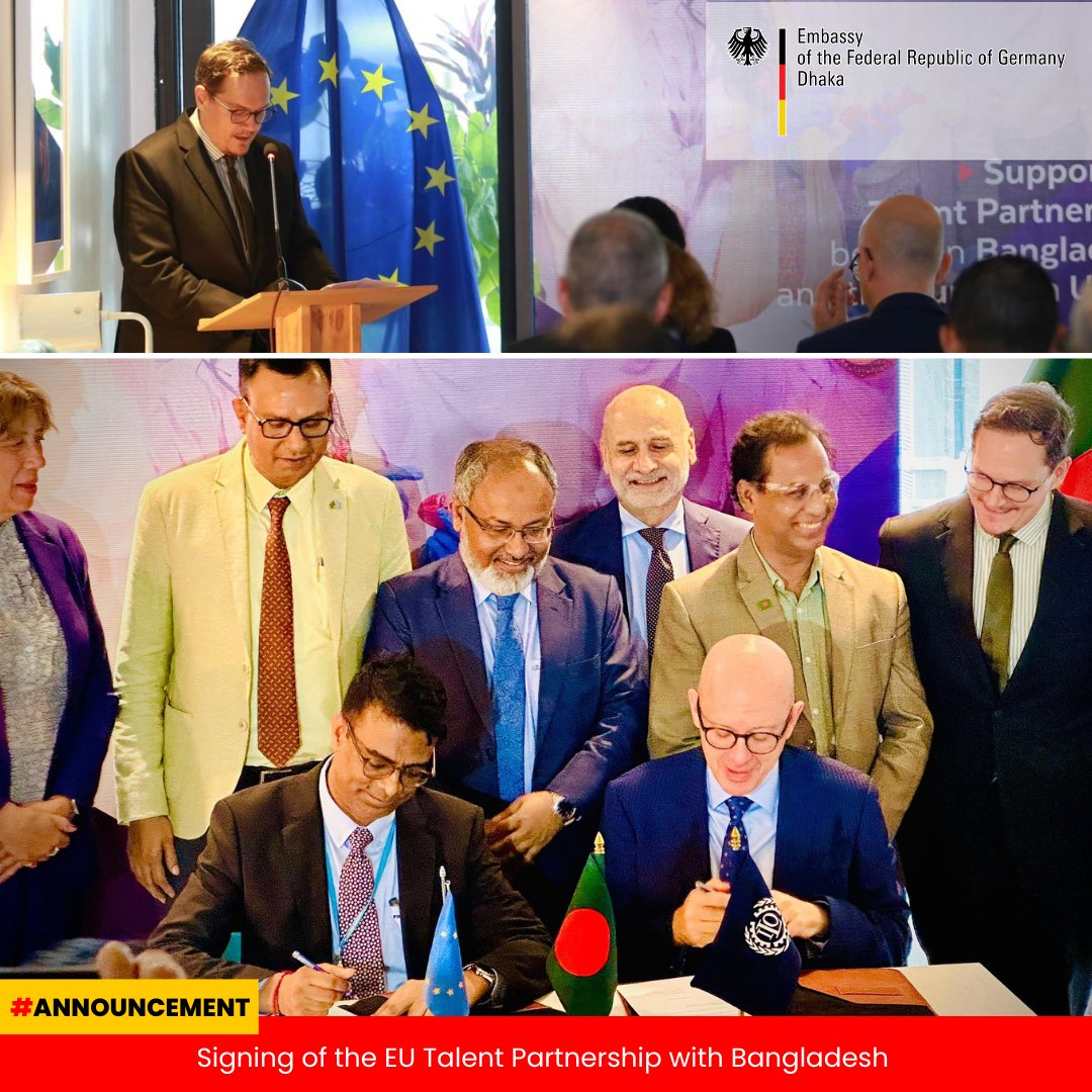 GermanEmbassyBD's tweet photo. 🇩🇪 is a proud supporter of the #TalentPartnership between 🇪🇺 and 🇧🇩 that was signed today. In his speech, @JRJanowski85 underlined importance of joint efforts to combat #illegalmigration and #visafraud while opening #legalpathways for #skilledlabor from 🇧🇩 https://t.co/2KG6euPYRS