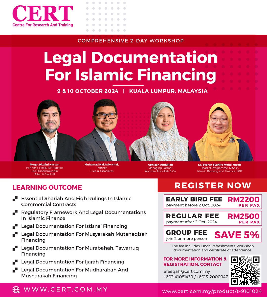 CertEvents_'s tweet photo. Workshop on Legal Documentation for Islamic Financing

9 &amp; 10 October 2024.   

Contact Mrs. Afeeqah (+6013-2000947) for more info. #workshop #legal #islamicfinance #fyp #documentation https://t.co/StYaYyKEHY