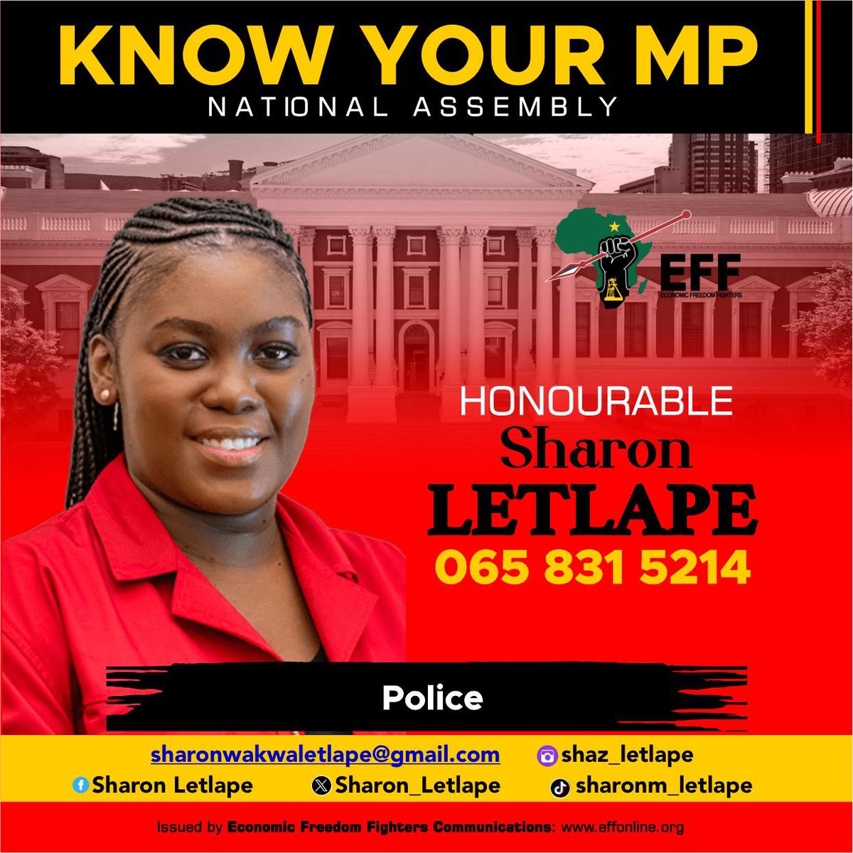 EFFSouthAfrica's tweet photo. ♦️Know Your EFF MPs♦️

The EFF will continue to be robust, and concentrate on active participation on behalf of the voters.

@Sharon_Letlape 
@madlomo37 

#EFFInParliament https://t.co/t5wJQuJ4Ls