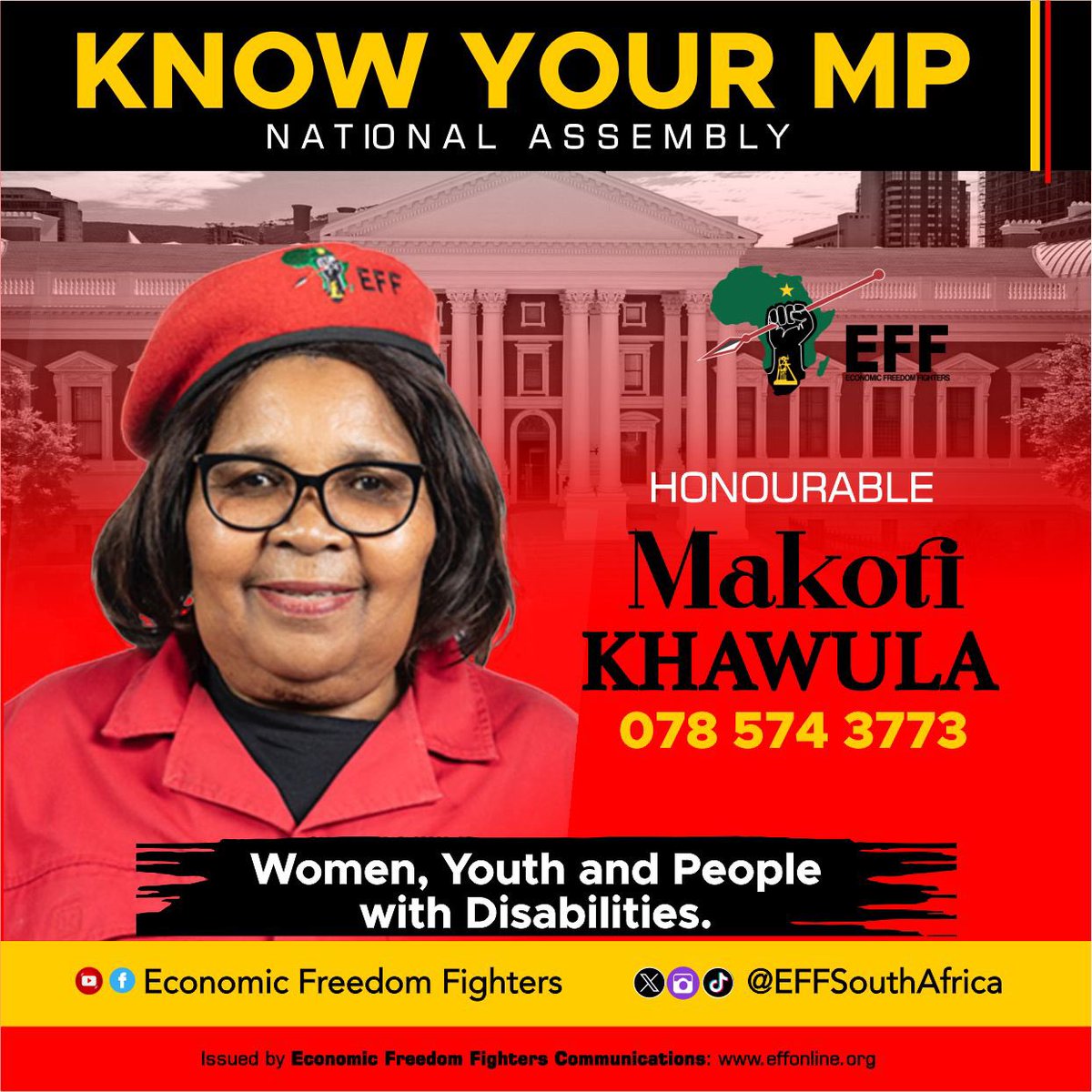 EFFSouthAfrica's tweet photo. ♦️Know Your EFF MPs♦️

The EFF will continue to be robust, and concentrate on active participation on behalf of the voters.

@Sharon_Letlape 
@madlomo37 

#EFFInParliament https://t.co/t5wJQuJ4Ls