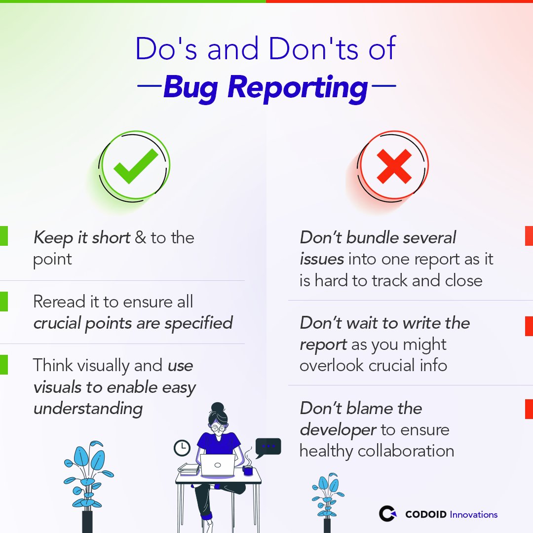 codoid's tweet photo. Do's and Don'ts of Bug Reporting 

#SoftwareTesting #SoftwareBugs #BugReports #SoftwareTester #QualityAssurance #Defects #SoftwareDefects https://t.co/wCWI5Qcz6j