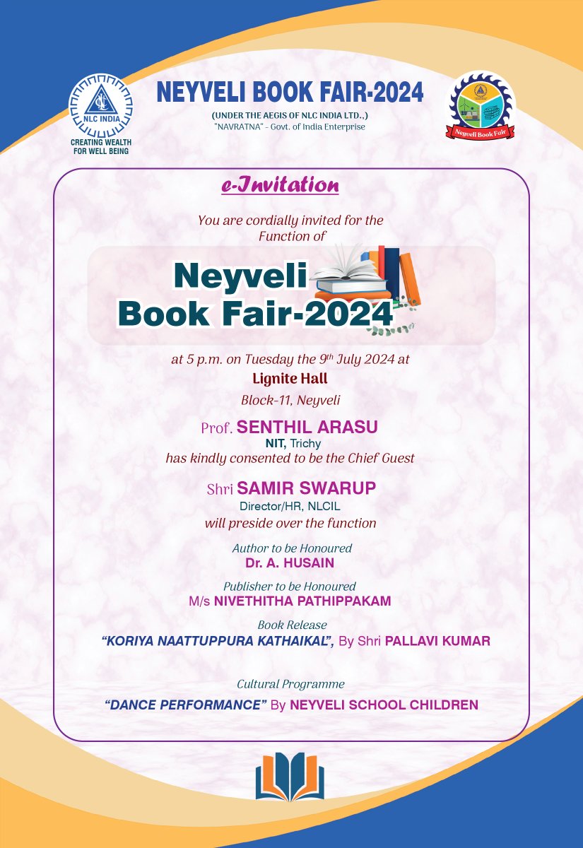 nlcindialimited's tweet photo. Quench your Thirst for Knowledge with the "Second Largest Book Fair of Tamil Nadu" at Neyveli from 05.07.2024 to 14.07.2024.
#NLCIL #NLCILForTheSociety #NeyveliBookFair2024 #SecondLargestBookFairOfTN https://t.co/q4okFIEch1