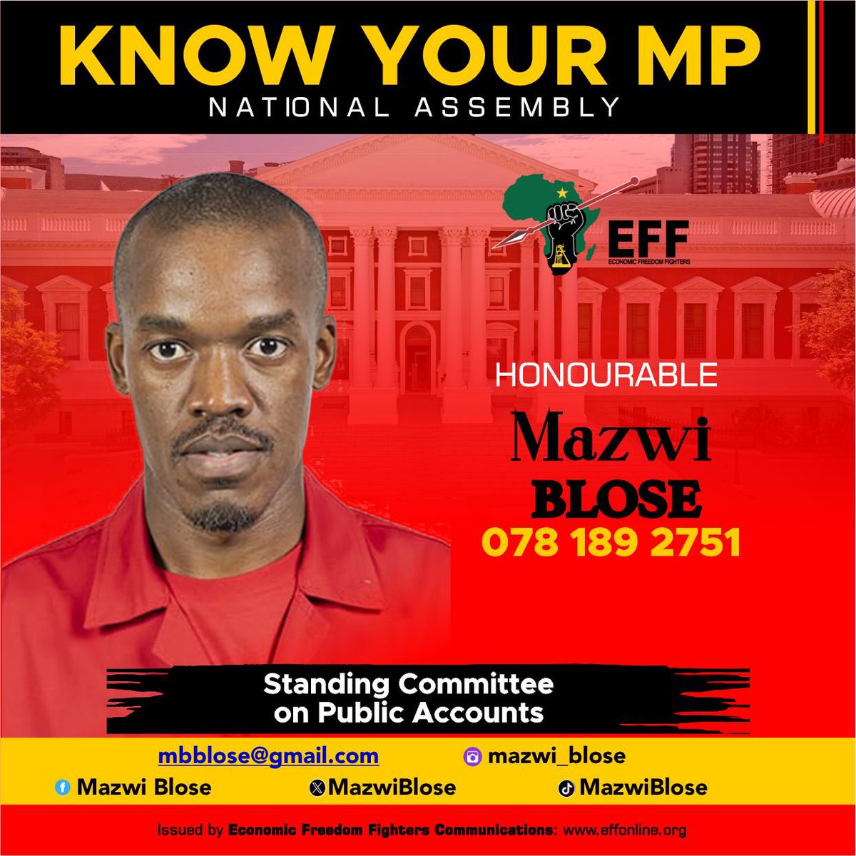 EFFSouthAfrica's tweet photo. ♦️Know Your EFF MPs♦️

The EFF remains committed to fighting for economic freedom for black people.

Follow Your EFF MPs here:

@SixoGcilishe 
@MazwiBlose 
@MzwaneleManyi 

#EFFInParliament https://t.co/6iowyChyor