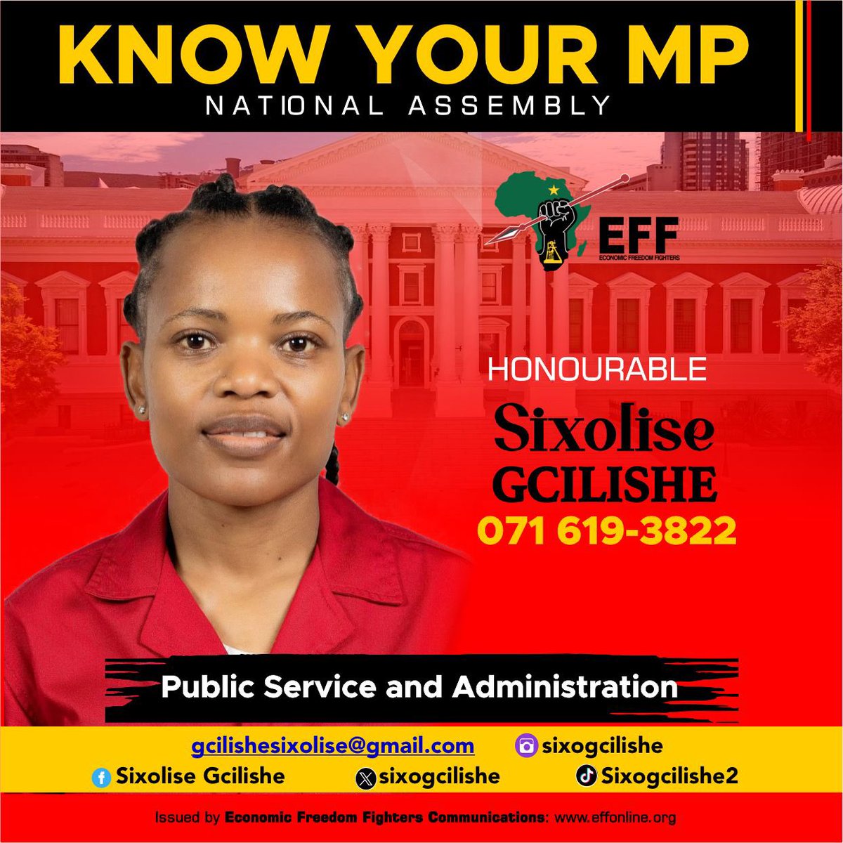 EFFSouthAfrica's tweet photo. ♦️Know Your EFF MPs♦️

The EFF remains committed to fighting for economic freedom for black people.

Follow Your EFF MPs here:

@SixoGcilishe 
@MazwiBlose 
@MzwaneleManyi 

#EFFInParliament https://t.co/6iowyChyor