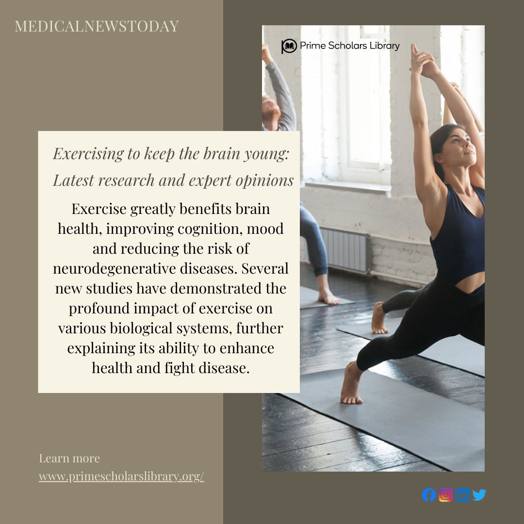primescholar's tweet image. Exercising has been shown to keep the brain young! 💪🧠 Research and experts recommend regular physical activity to improve cognitive function and prevent age-related decline. Stay active for a healthy mind! #BrainHealth #ExerciseForTheMind #authors #CallForPapers #running