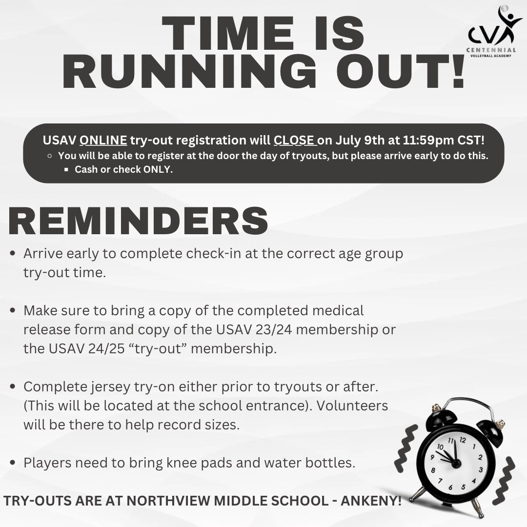 Centennial Volleyball Academy (@centennialvba) on Twitter photo Link to Register! go.teamsnap.com/forms/427104
11U-17U girls and 12U/14U boys!! Link to Register! go.teamsnap.com/forms/427104
11U-17U girls and 12U/14U boys!!