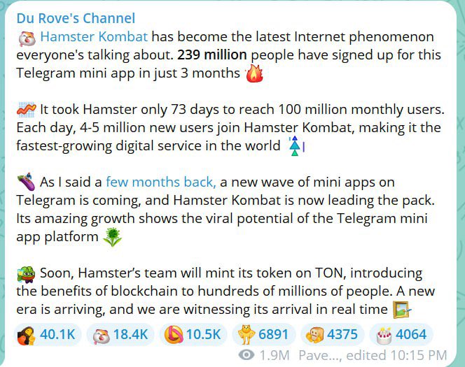 Owner Telegram pun kaget untuk pertumbuhan member Hamster Kombat yang sangat Viral di dunia 

Apakah anda sudah ikutan 💎
Apakah akan JP seperti NOTCOIN ?
Yuk ikutan hypenya join disini : t.me/hamster_koMbat…