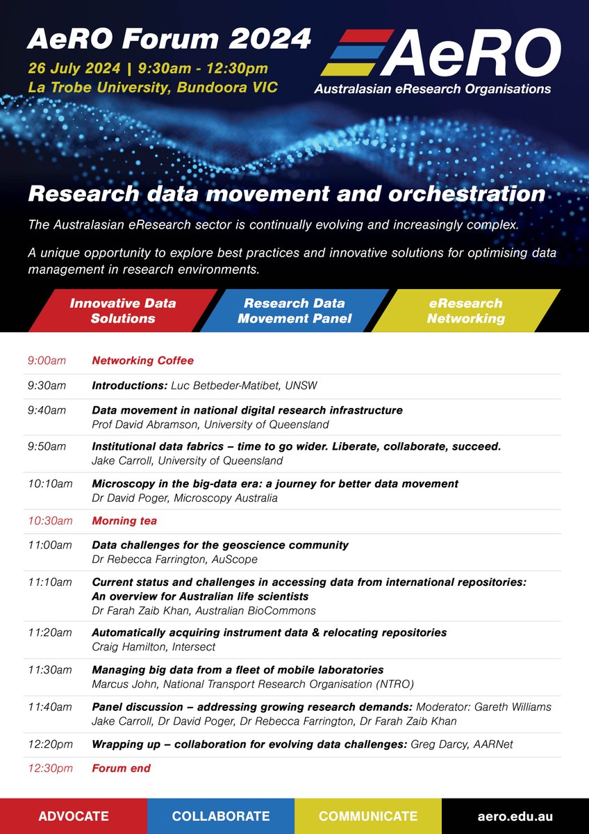 Learn about innovative data solutions @ @AeRO_eResearch Forum 2024, 26 July <a href="/latrobe/">La Trobe University</a> Bundoora!

Explore best practices + solutions for optimising #research #DataManagement w @CAUDITinc <a href="/UQ_News/">UQ News</a> <a href="/AusBiocommons/">Australian BioCommons</a> <a href="/AuScope/">AuScope</a> <a href="/micro_au/">Microscopy Australia</a> <a href="/UNSW/">UNSW</a> <a href="/CSIRO/">CSIRO</a> <a href="/IntersectAust/">Intersect Australia</a>

lnkd.in/gUqwZ_Ev