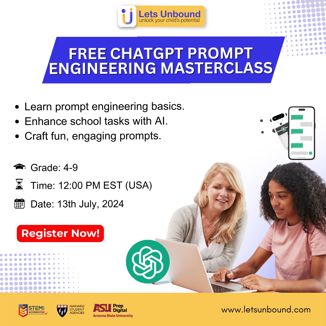 LetsUnbound's tweet photo. Worried about your child's future in an AI-driven world? Equip them with essential AI skills!

Join our FREE MASTERCLASS: "Empower Your Child with Interactive ChatGPT Prompt Engineering."

Register: https://t.co/7DF6vdqoFa
.
.
.
#ChatGPT https://t.co/OhdtkZcgf2