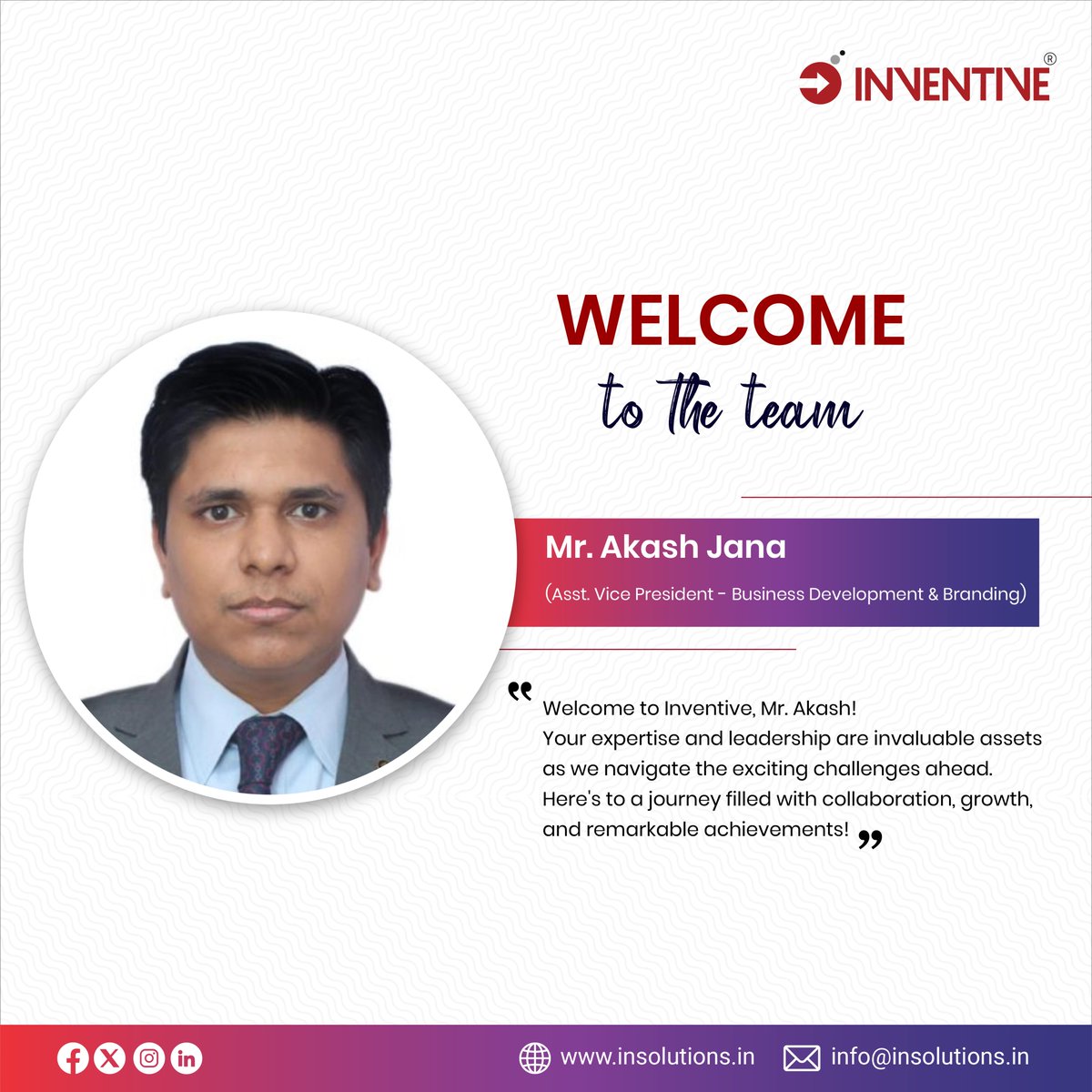 InventiveSoft's tweet photo. We are delighted to announce that Mr. Akash Jana has joined Inventive Software Solutions Pvt. Ltd. as the Assistant Vice President - Business Development &amp; Branding. We warmly welcome Mr. Akash to the Inventive Family and look forward to his contributions to our team's success. https://t.co/knD6qpAksE