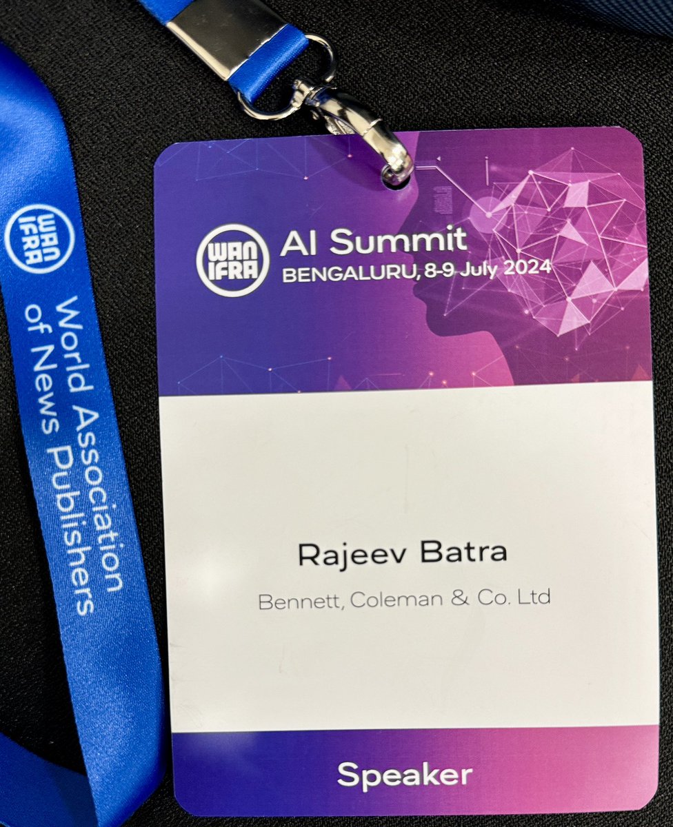 At WAN IFRA - The AI Summit 2024 at Bangalore on July 8, 2024. Delivered the Opening keynote: Unlocking the power of GenAI for transforming reader experiences and harnessing its potential for news publishing business.
