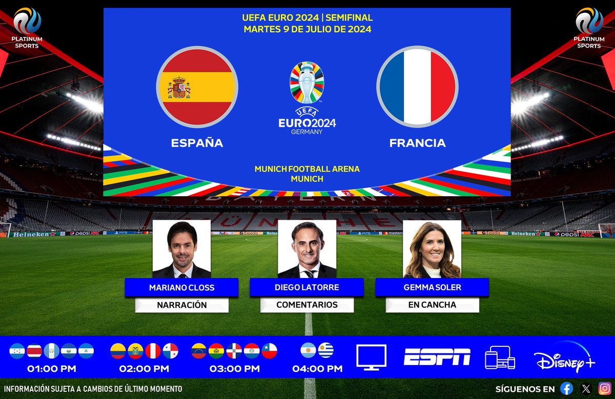 PlatinumSportMX's tweet photo. ⚽️ #EURO2024 | 🇪🇸 #España vs. #Francia 🇫🇷
📺 #ESPN Centroamérica y Sudamérica 
📱💻 @disneyplusla
🎙️ Mariano Closs 
🎙️ @dflatorre
🎙️📝 @gemma_soler

#EUROxESPN - #ESPNenStarPlus - #ESPFRA https://t.co/lIgqbq6Ujp