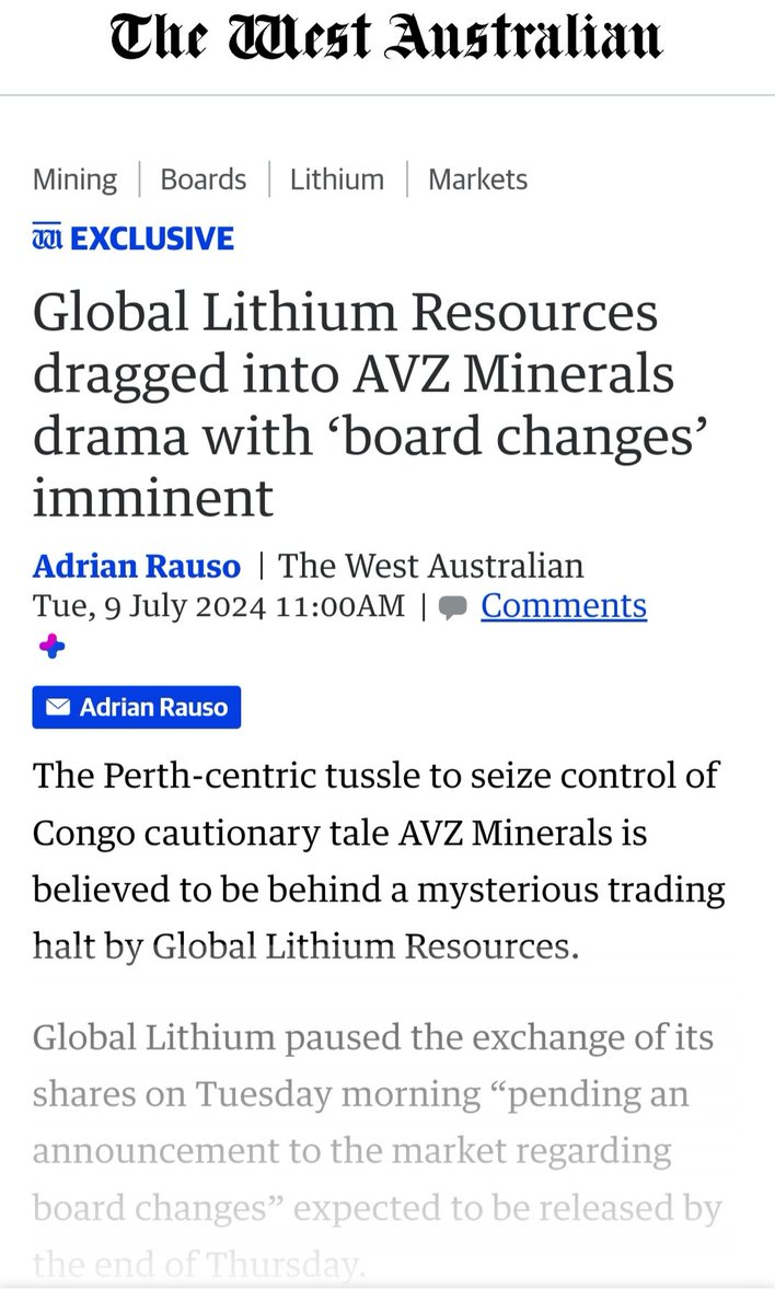 NikkyIntheWorld's tweet photo. Who says $AVZ Shareholders cant make a difference on X & TSE
@westaustralian article suggests #GL1 trading halt is related to @global_lithium Chairman #GeoffJones & #ResourceCapital underhanded attempts to buy @AvzMinerals shares at a meagre 1c for 🇨🇳Chinese interests.
#GL1 #AVZ https://t.co/6JCSVUedag