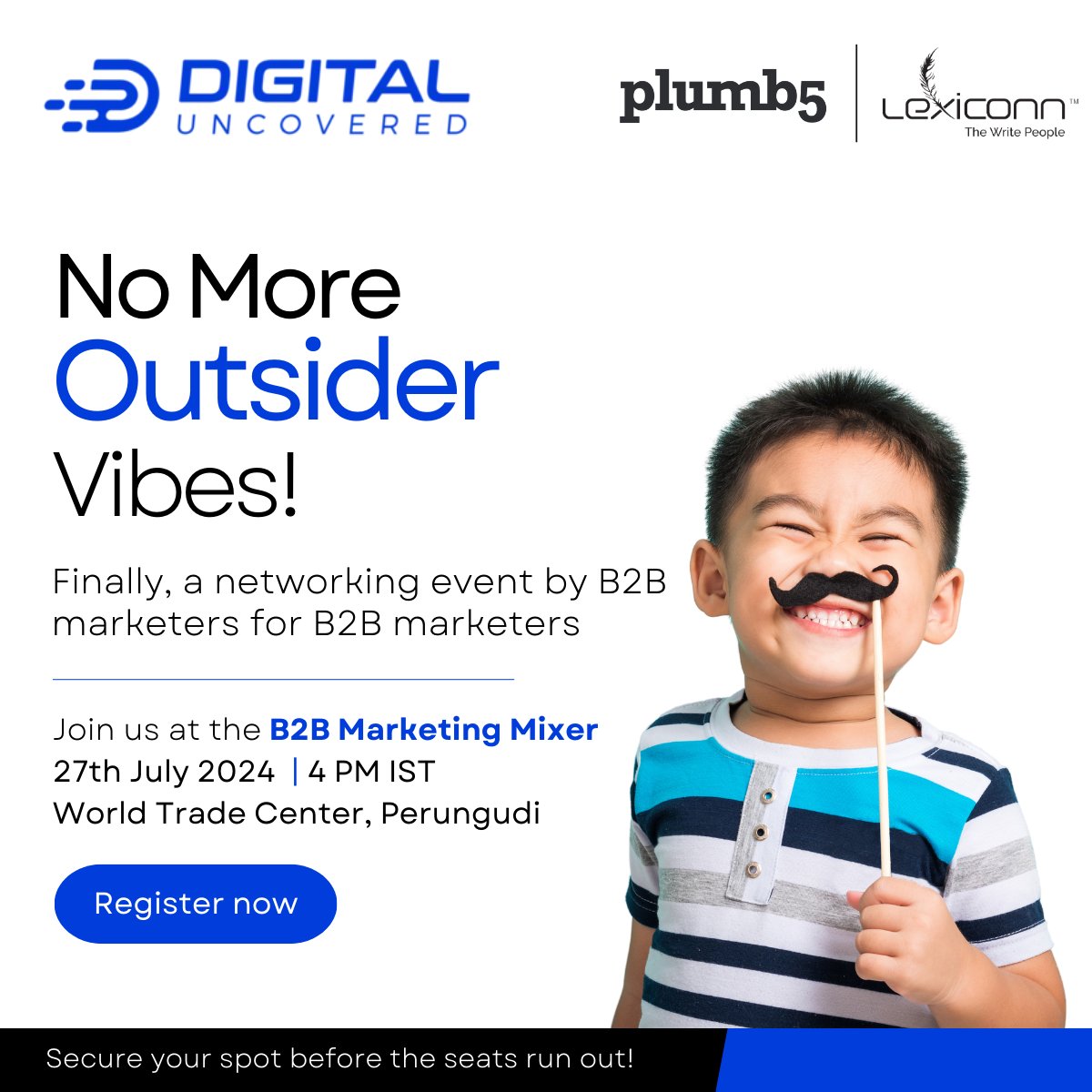 DigiUncovered's tweet image. Escape the B2B marketing island! Join fellow strategists at Chennai's premier #B2BMarketing mixer on 27 July 2024 at Kissflow Office, World Trade Center, Perungudi, Chennai. Let's break the solitude and build connections! Register for your invite today! bit.ly/chennai-b2b-mi…