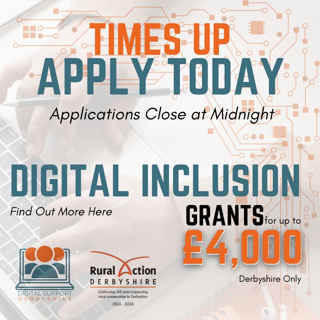 You only have a few hours left to apply for Digital Inclusion Grants of up to £4,000! Apply via the online form on our website. Non-members can contact us to sign up.

For more info, visit: ruralactionderbyshire.org.uk/digital...

#DigitalInclusion #Derbyshire #CommunitySupport