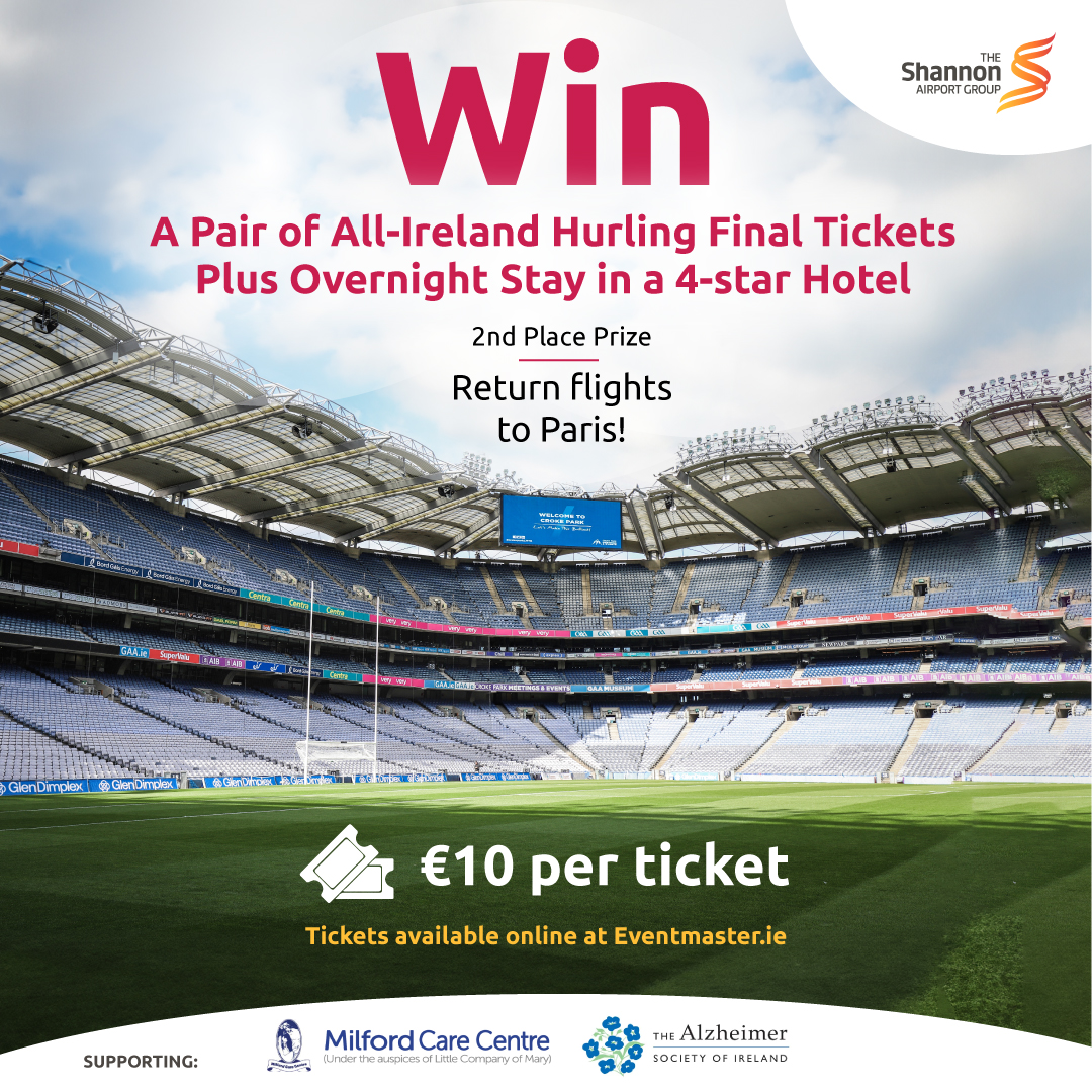 Our Corporate Partner <a href="/ShannonAirport/">Shannon Airport</a> Group is hosting a super raffle to win All-Ireland tickets and an overnight stay in a 4-star hotel – in support of The ASI and <a href="/MilfordLmkCC/">Milford Care Centre</a>. ⭐ 

Second place prize includes return flights to Paris! If you would like to be in with a chance