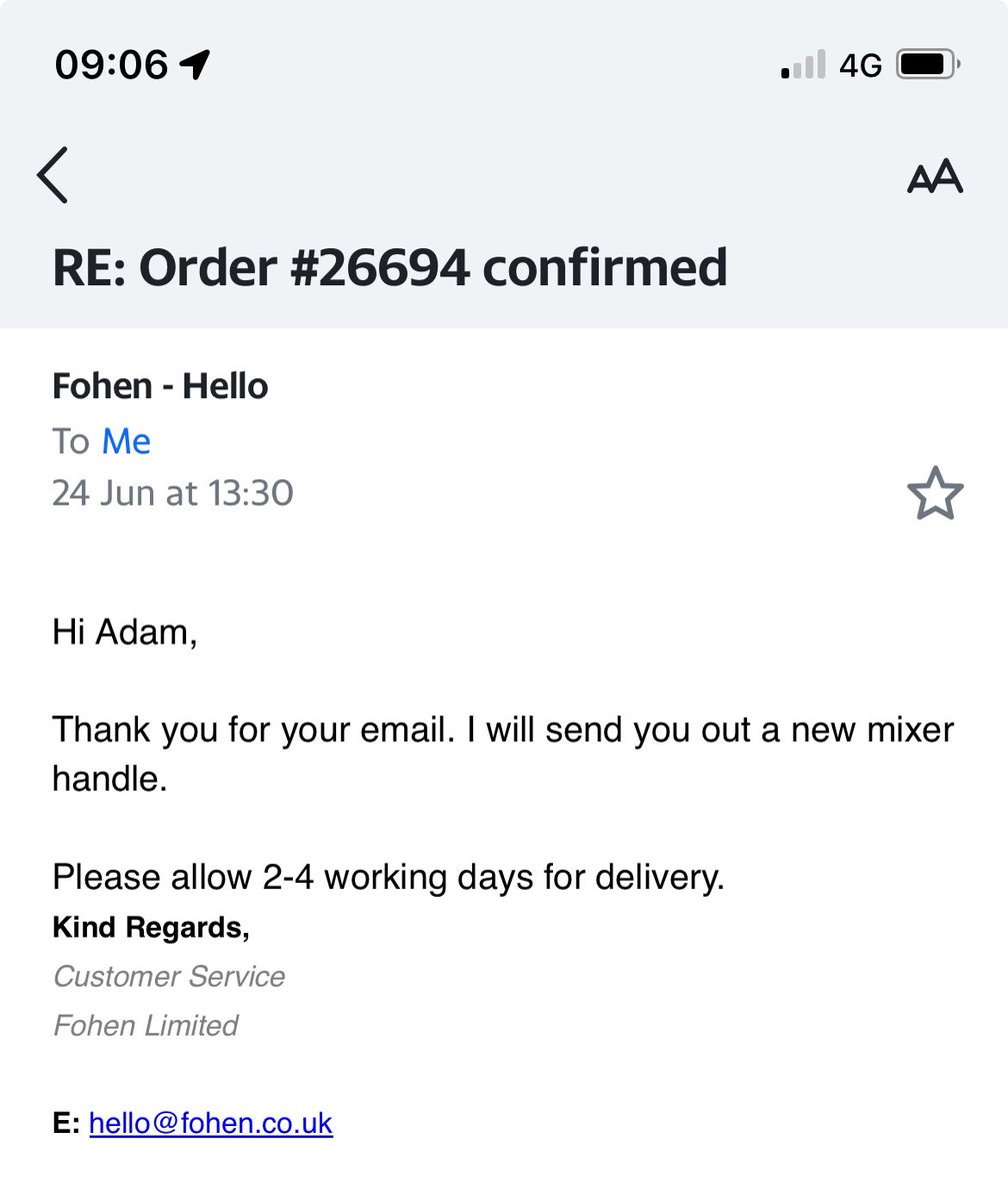 DigForHistory's tweet photo. @FohenUK - Emailed on 19/6 to say black enamel was coming off handle after less than 9 months. Had an email back saying a new handle would be sent out &amp; it would take 2-4 working days. It’s been almost 3 weeks. My last 2 follow up emails (30/6 &amp; 6/7) have been ignored. https://t.co/w2NBUq3nTJ