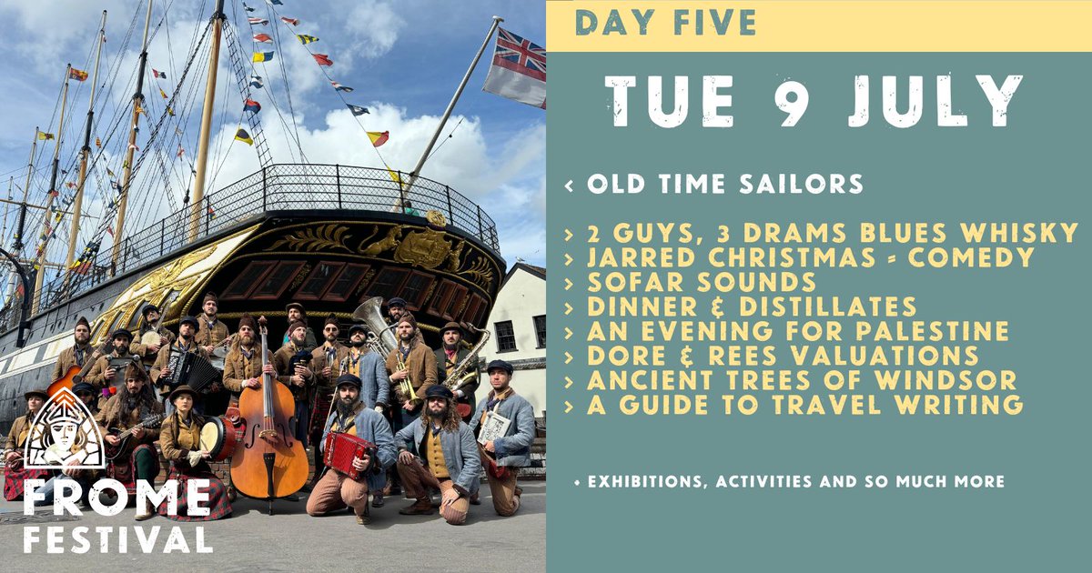 DAY 5

DORE &amp; REES #antiquesroadshow
DINNER &amp; DISTILLATES - BISTRO LOTTE &amp; STILL LIFE GIN
SOFAR SOUNDS
POP-UP COMEDY WITH JARRED CHRISTMAS
ANCIENT TREES OF WINDSOR
TWO GUYS, THREE DRAMS
OLD TIME SAILORS
fromefestival.co.uk