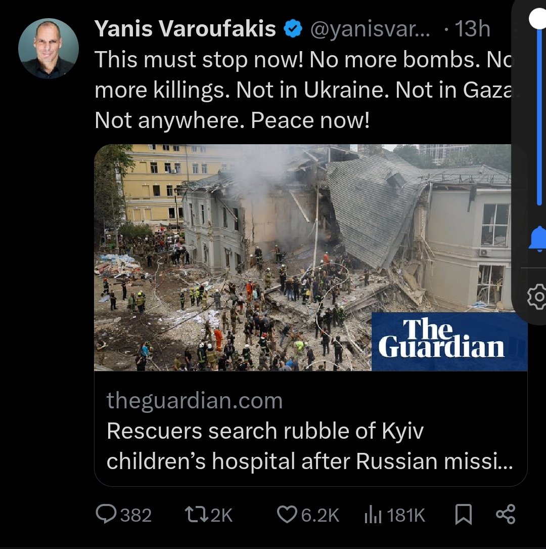 EuropeanWith's tweet photo. Yanis Varoufakis has always campaigned against western delivery of air defence systems to Ukraine. He also opposes sanctions on Russian missile producers. He is not, in fact, against bombs. https://t.co/44f0iCTWVx