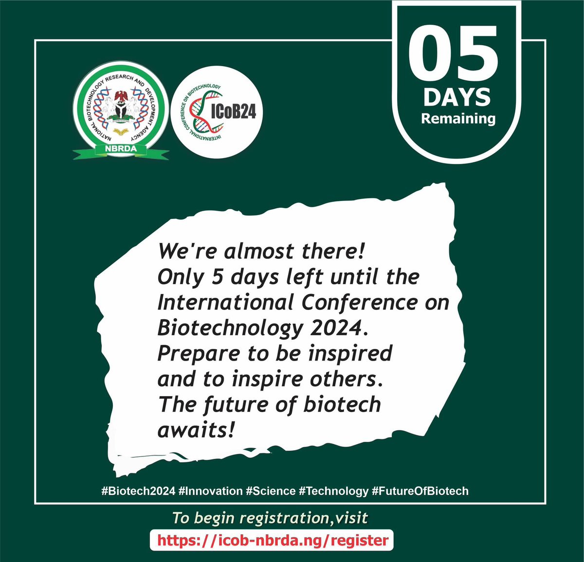 nabdanig's tweet photo. 5 Days to the 2024 International Conference on Biotechnology.
Register via the link below if you haven’t.
https://t.co/6bZven4QV4
Don’t miss it.
You will be inspired and empowered!
#ICoB24
#BiotechRevolution
#Biotech4EconomicGrowth
#ThinkBiotechnology
#ChooseBiotech https://t.co/XYnnDYgkxT